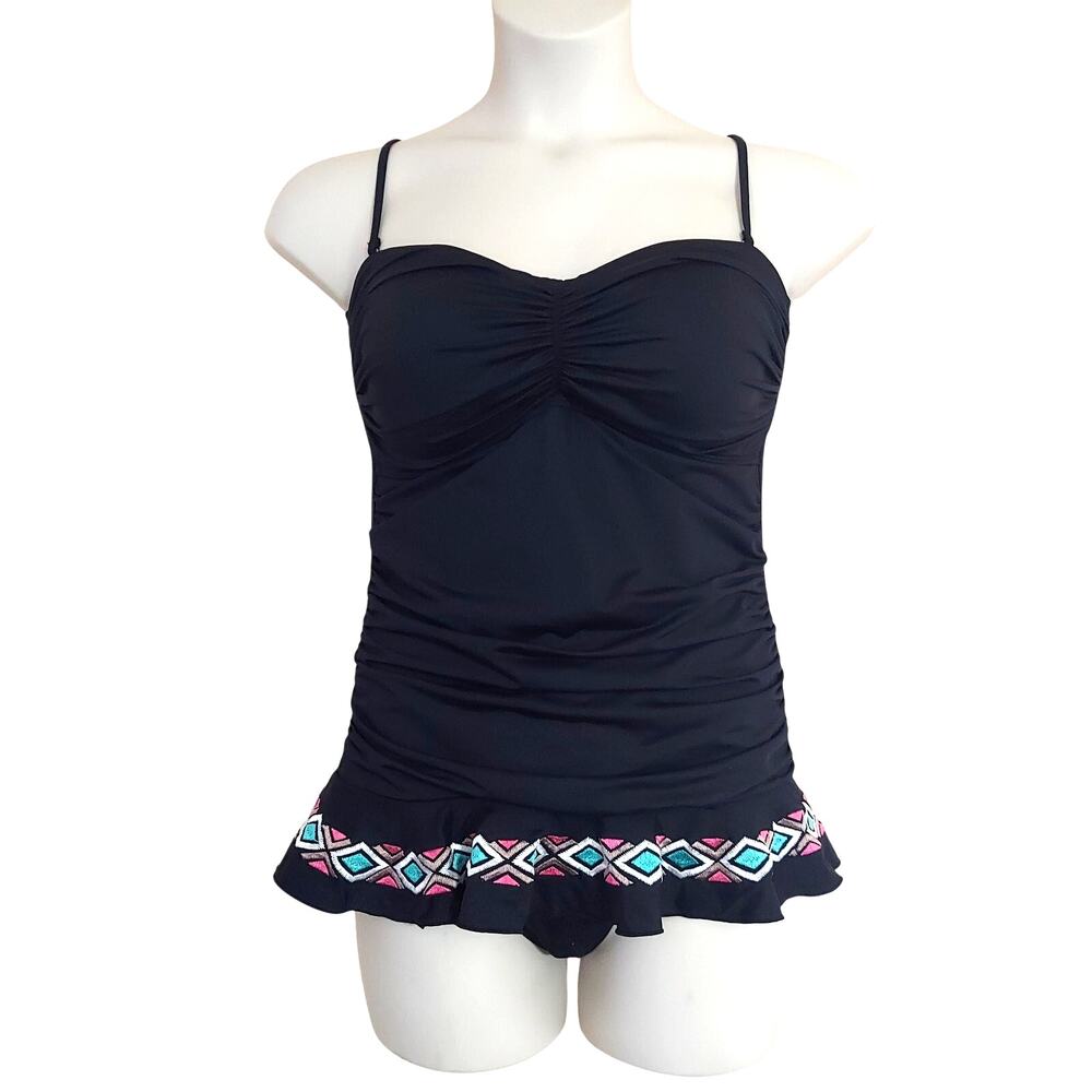 La Blanca Black Aztec Embroidered Ruffle One-Piece Swimsuit - Picture 2 of 7